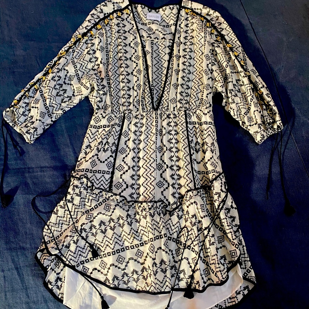 Saylor Deep V black & white embroidered dress